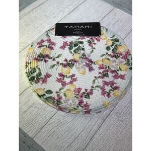 TAHARI HOME PLACEMATS (4) LEMONS YELLOW PINK FLOWERS WOVEN 15 INCH ROUND NIP